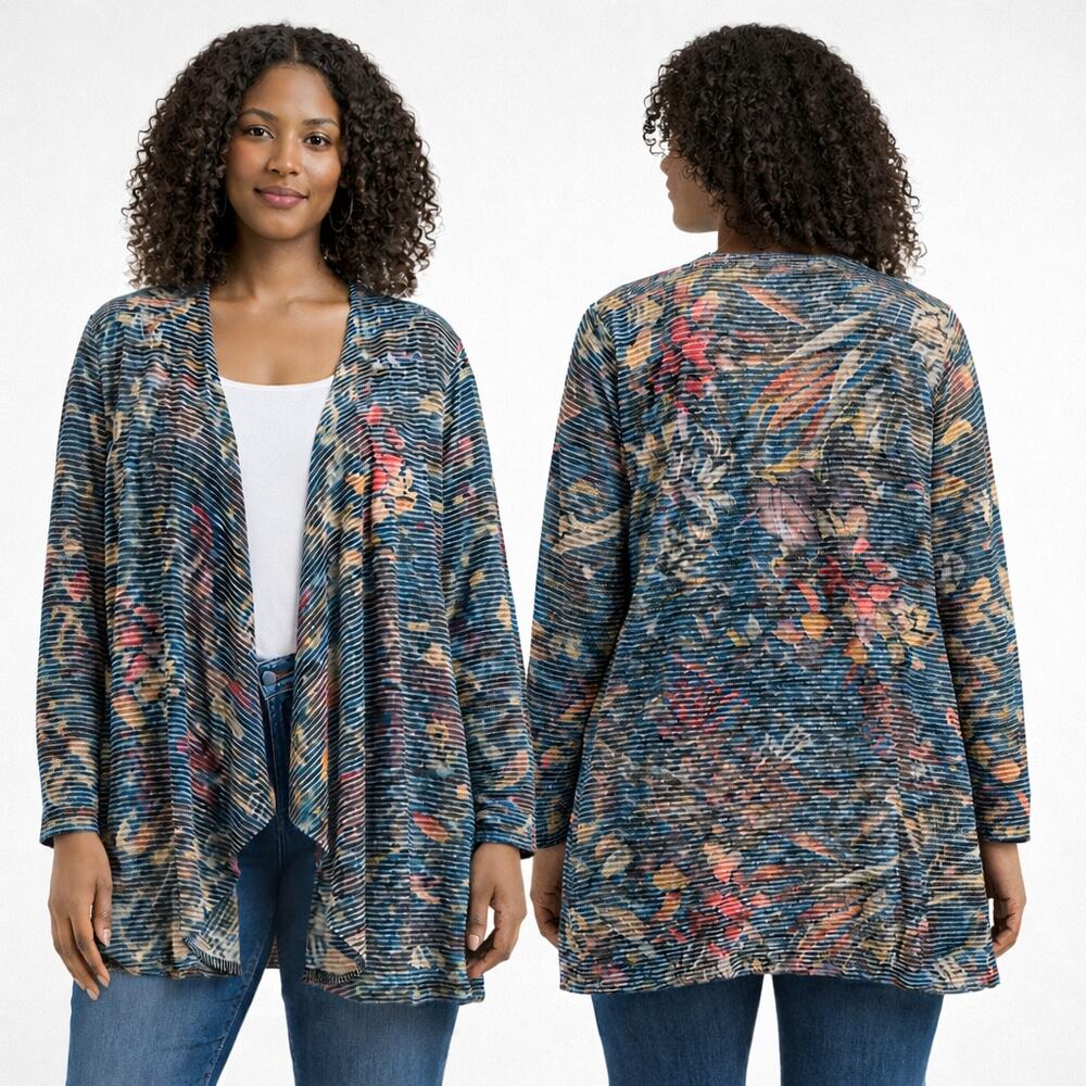 Women's Emerald Open-Front Textured Cardigan – Floral Stripe – Stretchy - 2X NEW